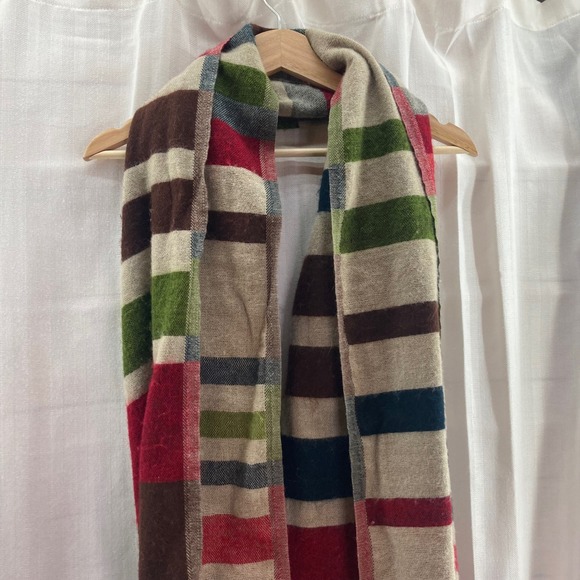 Natura Striped Wool Blend Scarf Shawl Wrap Fringe Beige Red Green Blue Brown - Picture 2 of 7